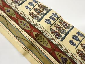 縮緬地金彩花鳥に縞・幾何学模様名古屋帯